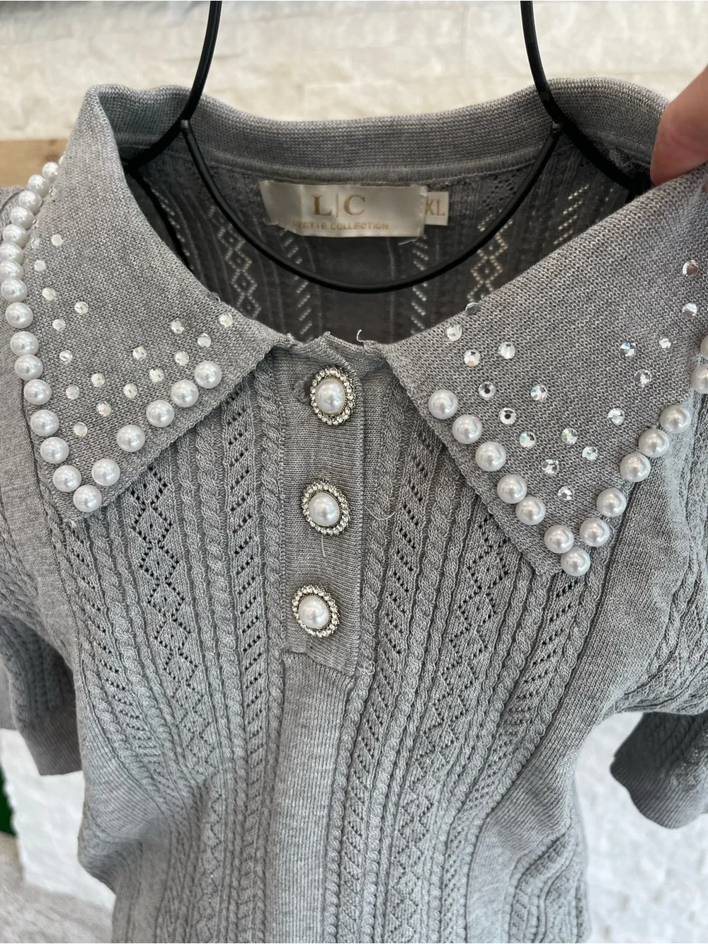 Grey Pearl-Rhinestone Embellished Knit Sweater - Picture 3 of 5